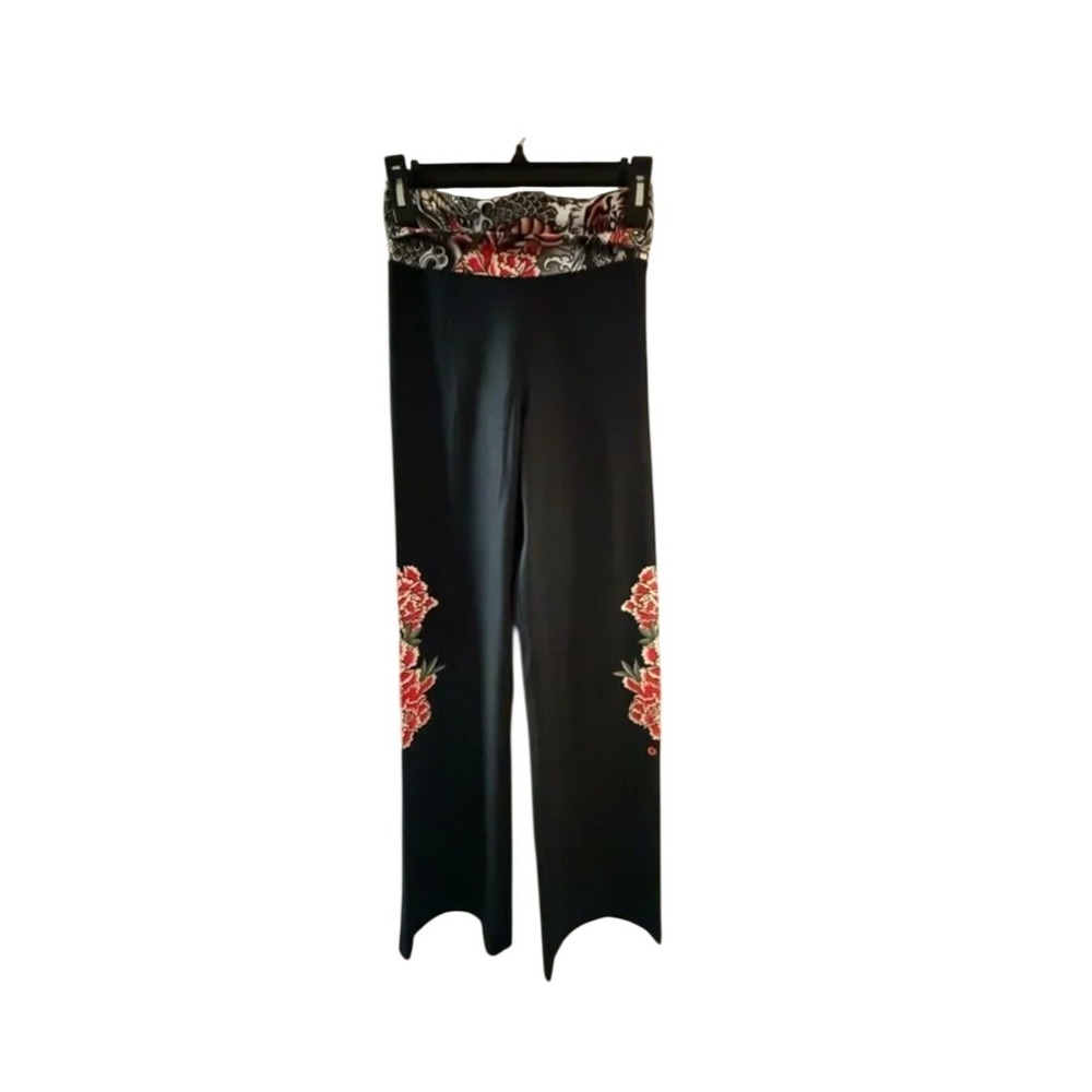 Ethika Women Black Tattoo Print Flare Pants Tiger Floral High Waist Wide Leg S